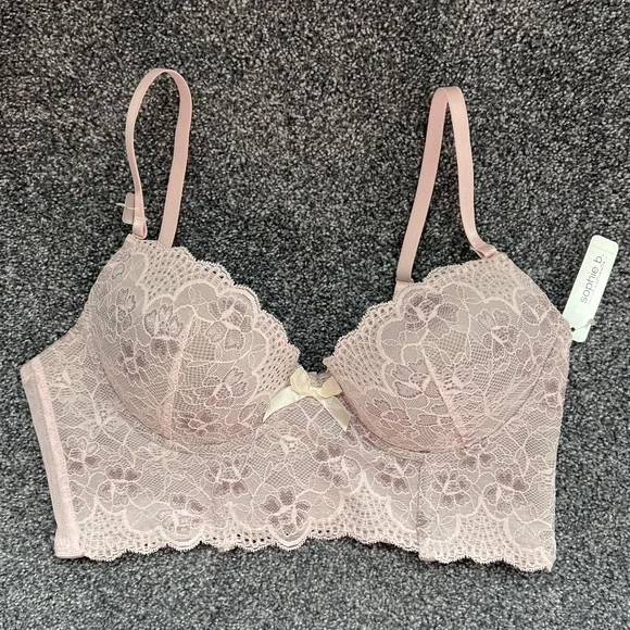 ***Final Drop*** NWT Sophie B Pink Lace over Gray Longline Bra 34C - Picture 1 of 13